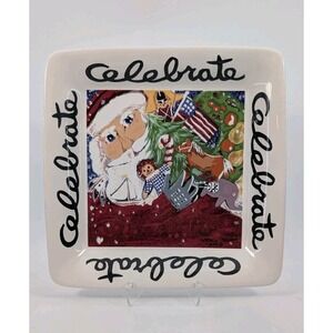 Vintage 1994 Nancy Thomas CELEBRATE  11.5" Square Platter Plate Folk Art Signed